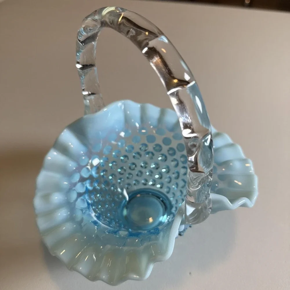 Fenton Blue Opalescent Hobnail‎ Small Basket Ruffled Glass with Handle Vintage
